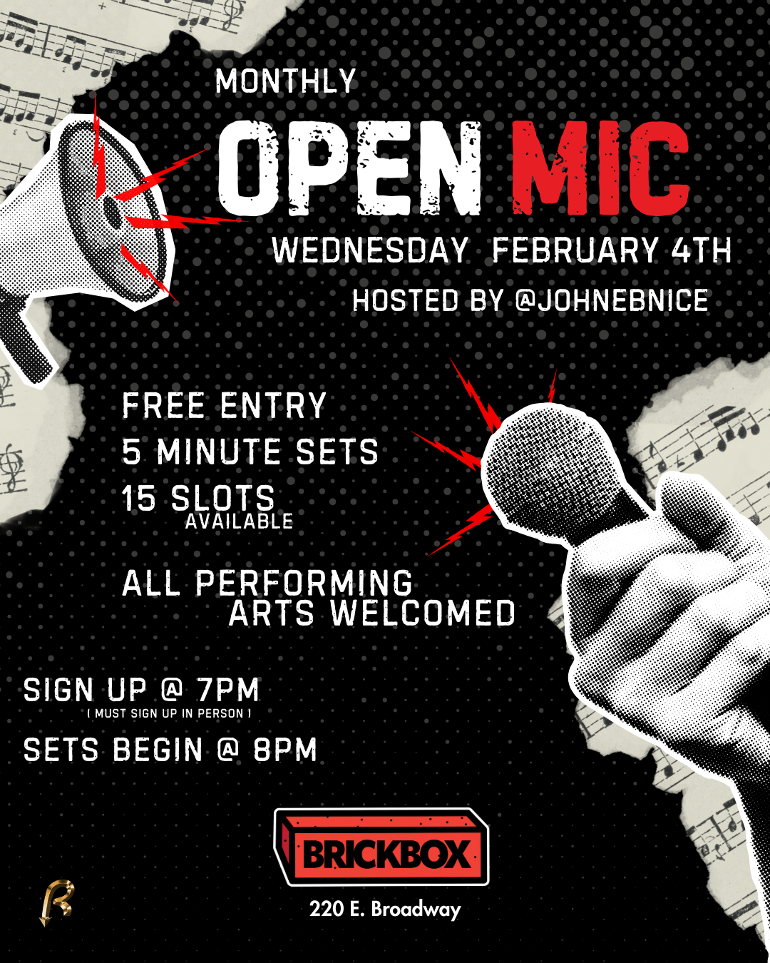 2/4 @ 7pm sign ups, 8pm sets start: Open Mic