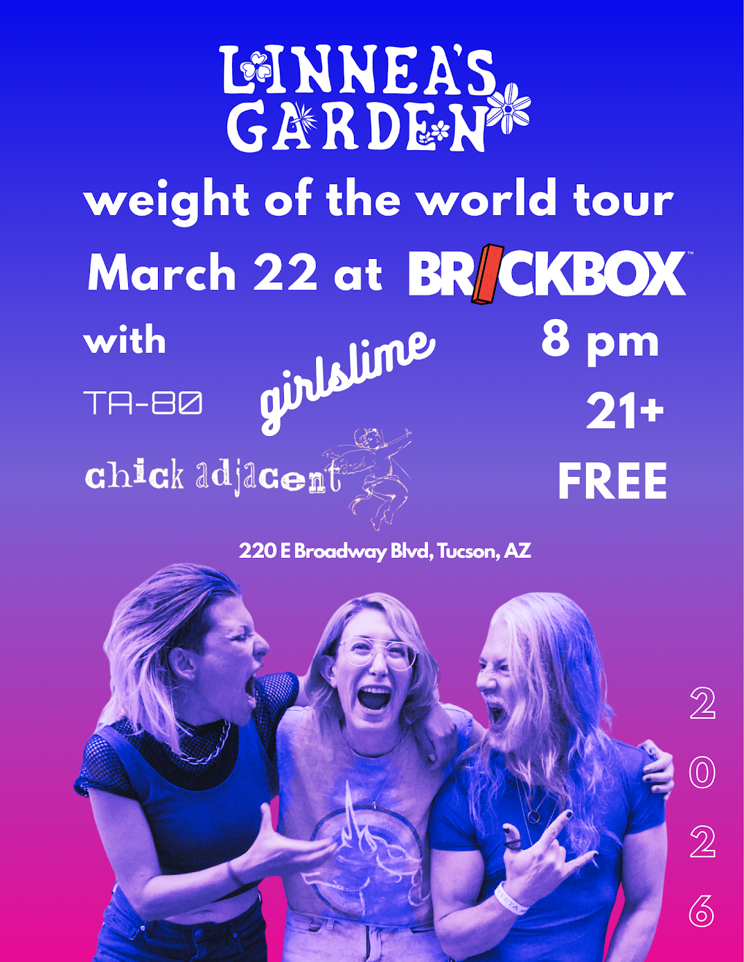 3/22 @ 8pm : Linnea's Garden (Glam punk), Linnea's Garden (Glam punk), TA-80, girlslime, chick adjacent