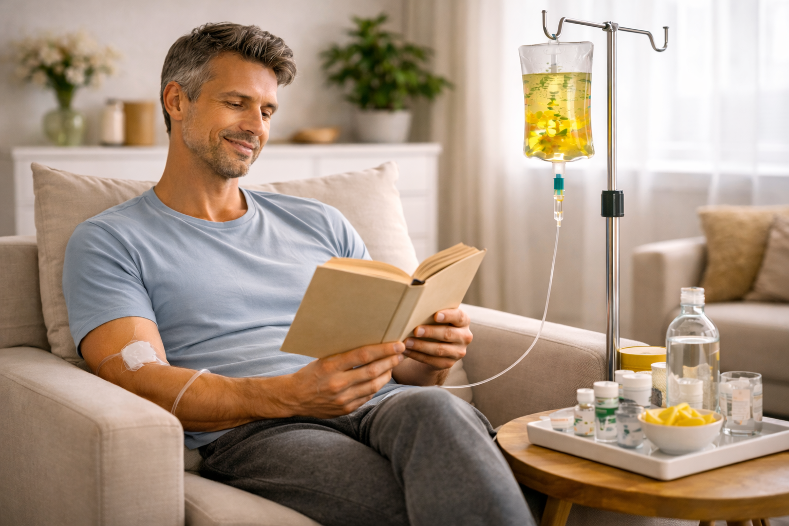 At home IV therapy session on couch