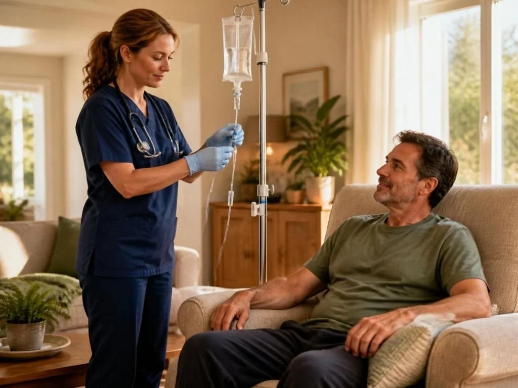 A man reclines in a chair while a registered nurse sets up an at-home IV drip therapy