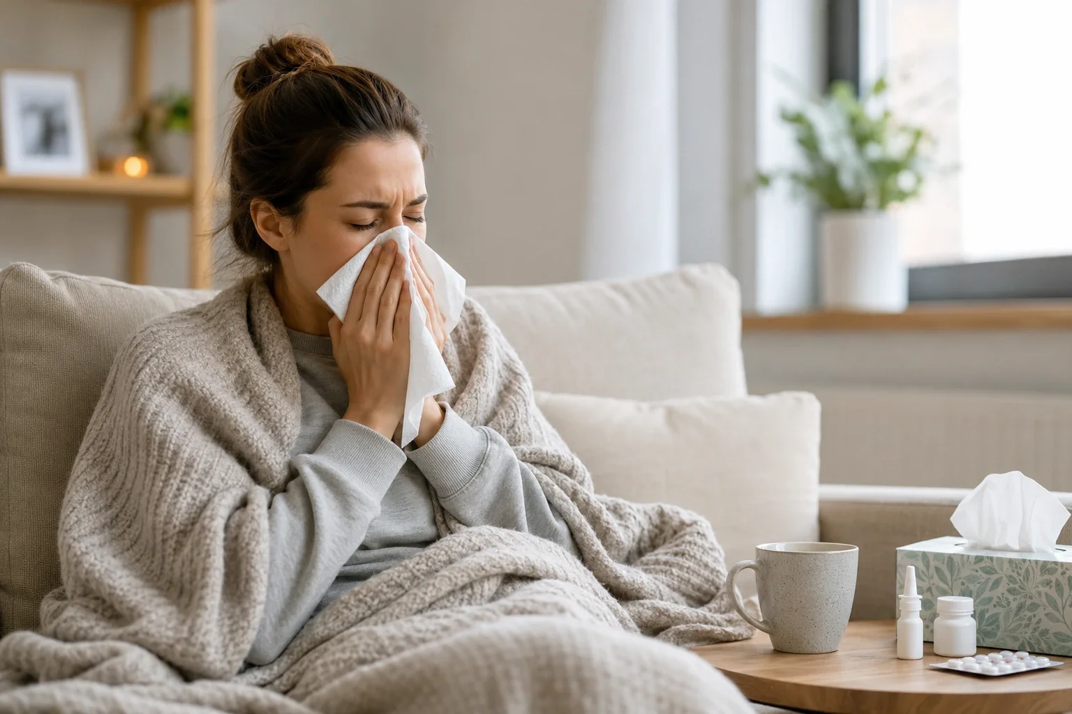 Woman sneezing while recovering from a seasonal cold