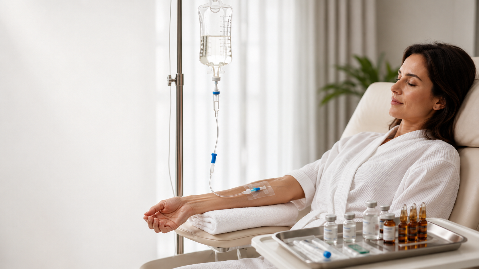 A concierge patient receiving an at-home IV drip therapy infusion