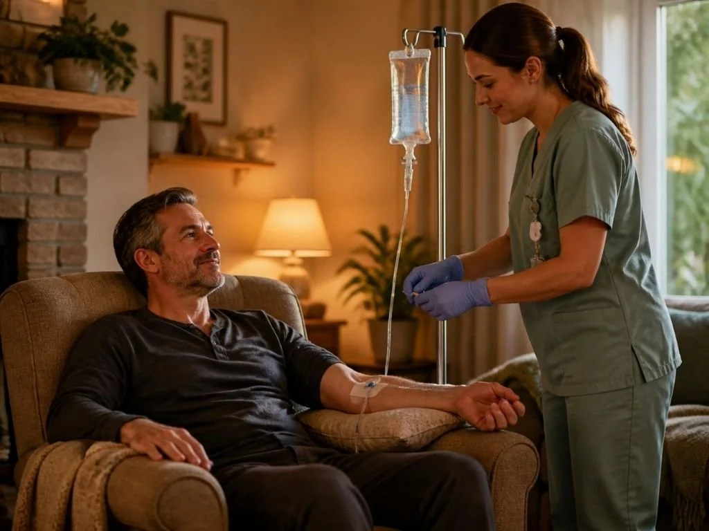 A man reclines in a chair while a registered nurse sets up a mobile IV drip therapy