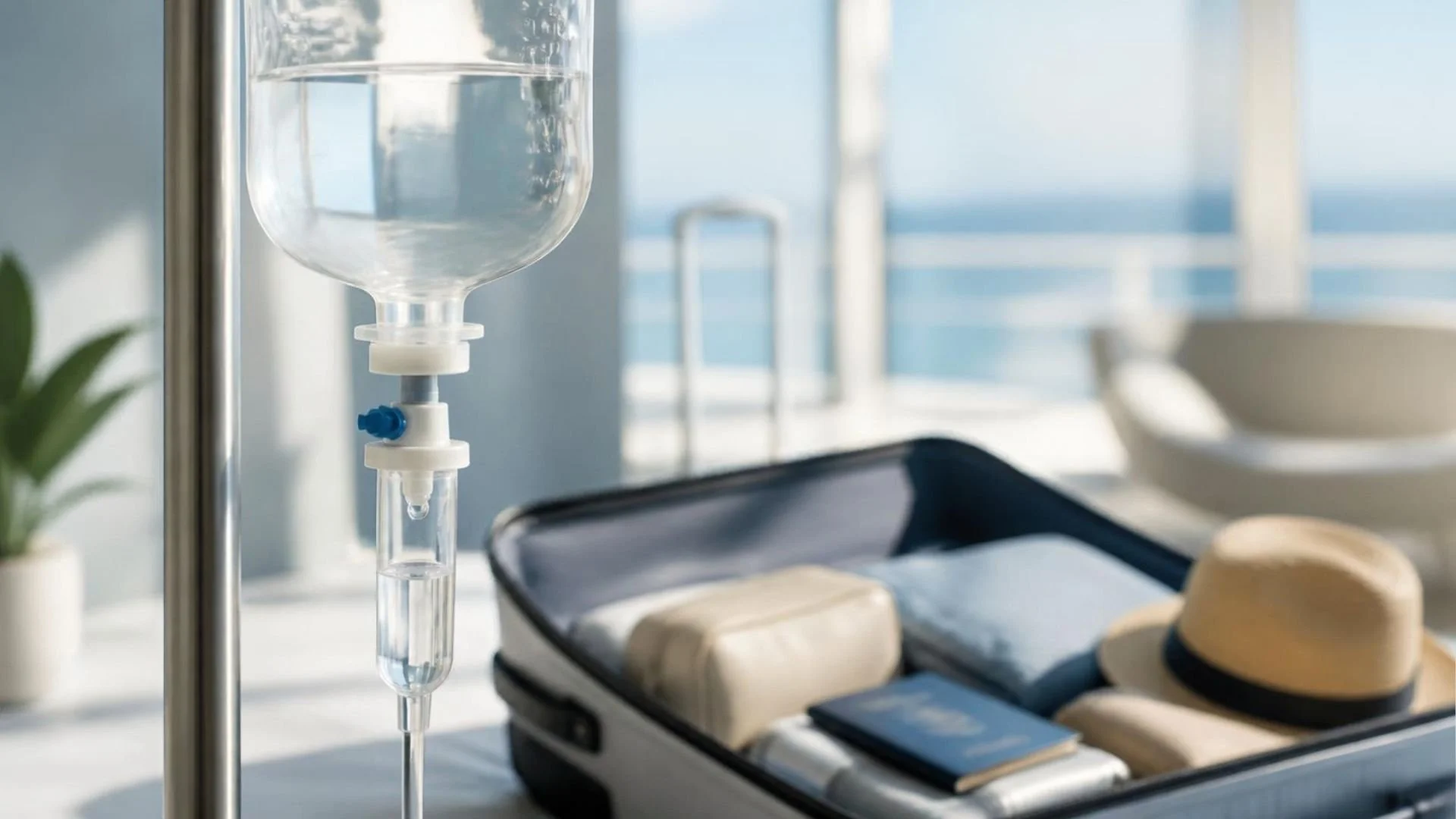 Upclose photo of an IV bag with an open suitcase in the background