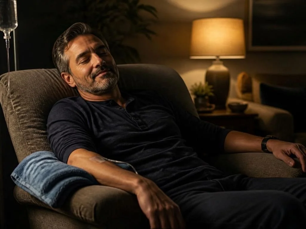 A man with a migraine rests in a recliner while receiving a mobile IV therapy