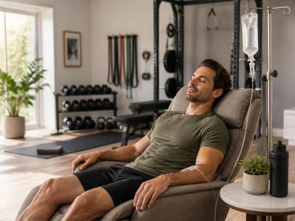 An athlete relaxes in their home gym while they receive an at-home IV drip therapy