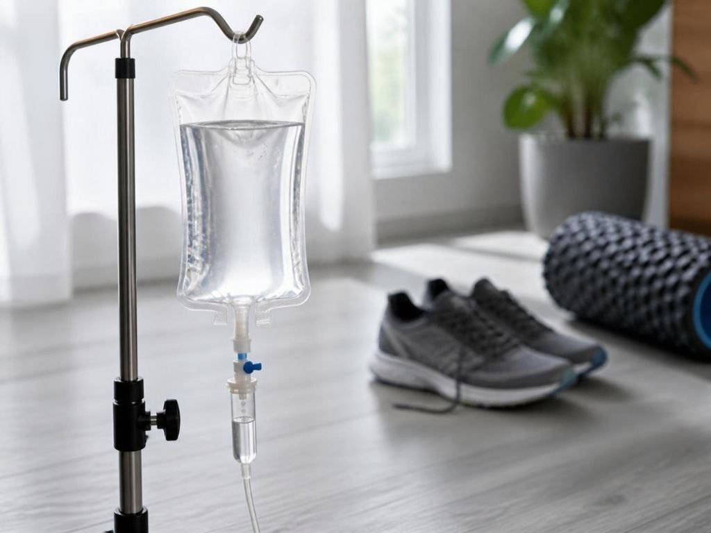 An IV drip bag for a mobile treatment hangs up, while gym shoes and a yoga mat are in the background