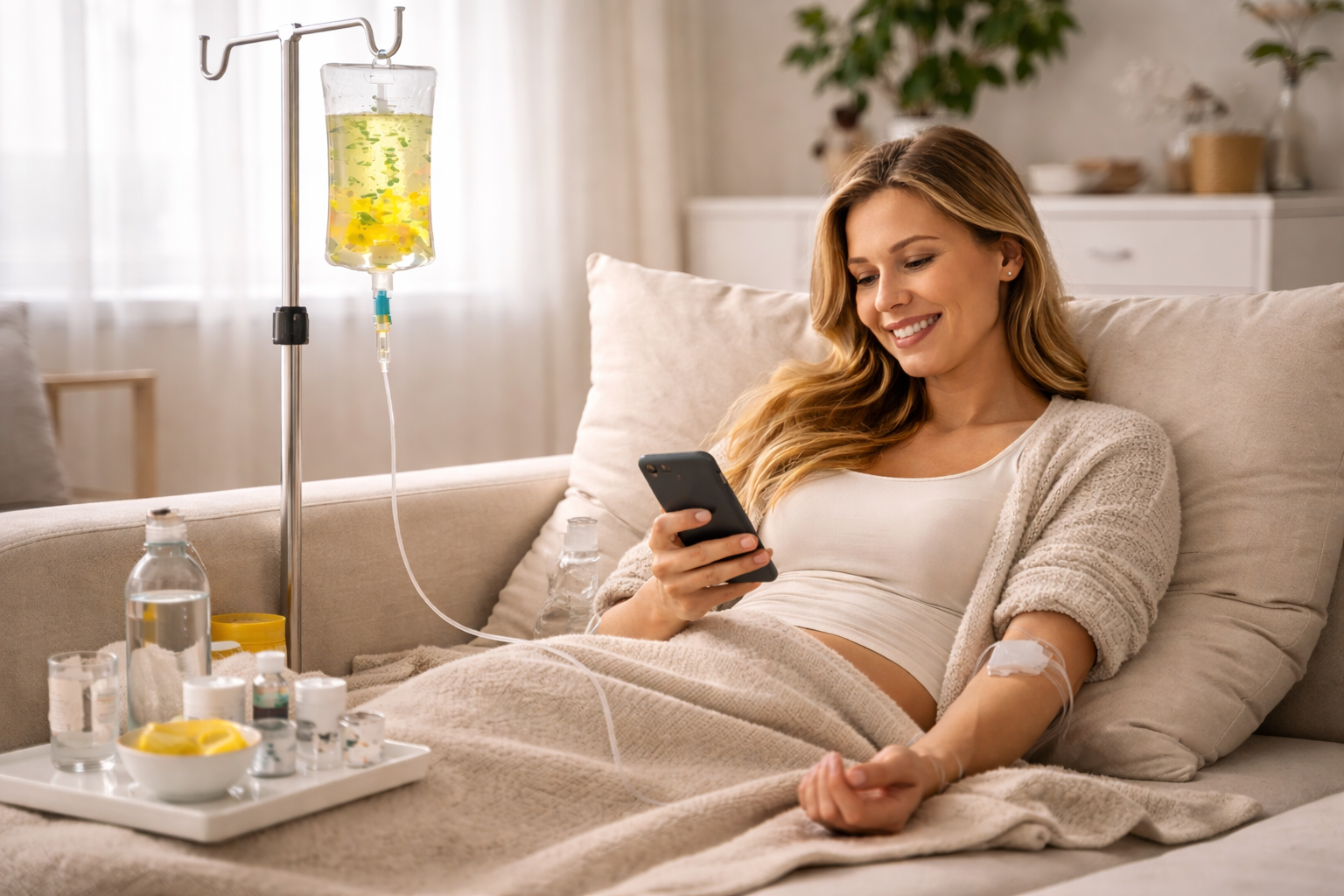 Woman receiving IV therapy at home