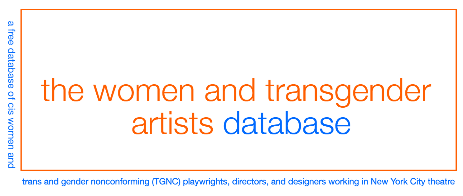 White rectangle with an orange border. Orange and blue lowercase text “the women and transgender artists database” inside the rectangle. A tagline in blue wraparound text outside the rectangle