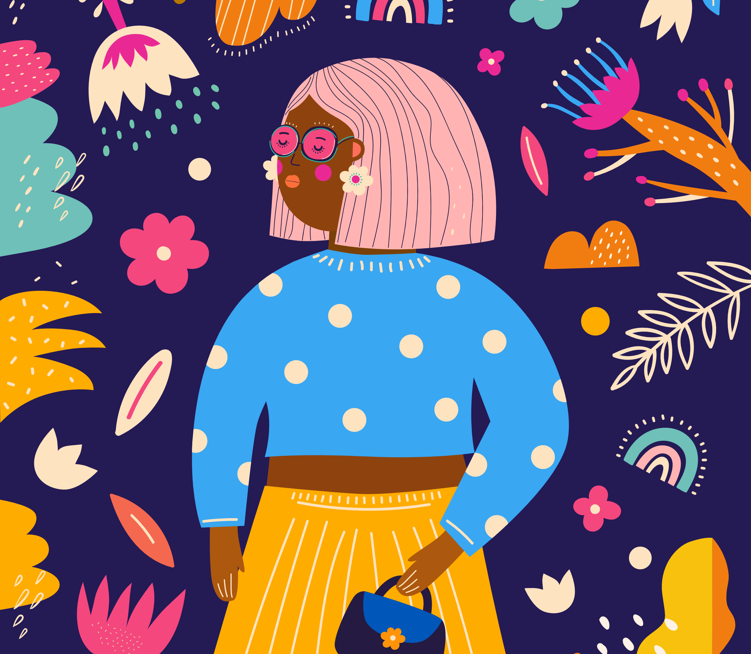 Chic woman with dark skin and rose-colored hair wearing polka dot sweater and yellow skirt