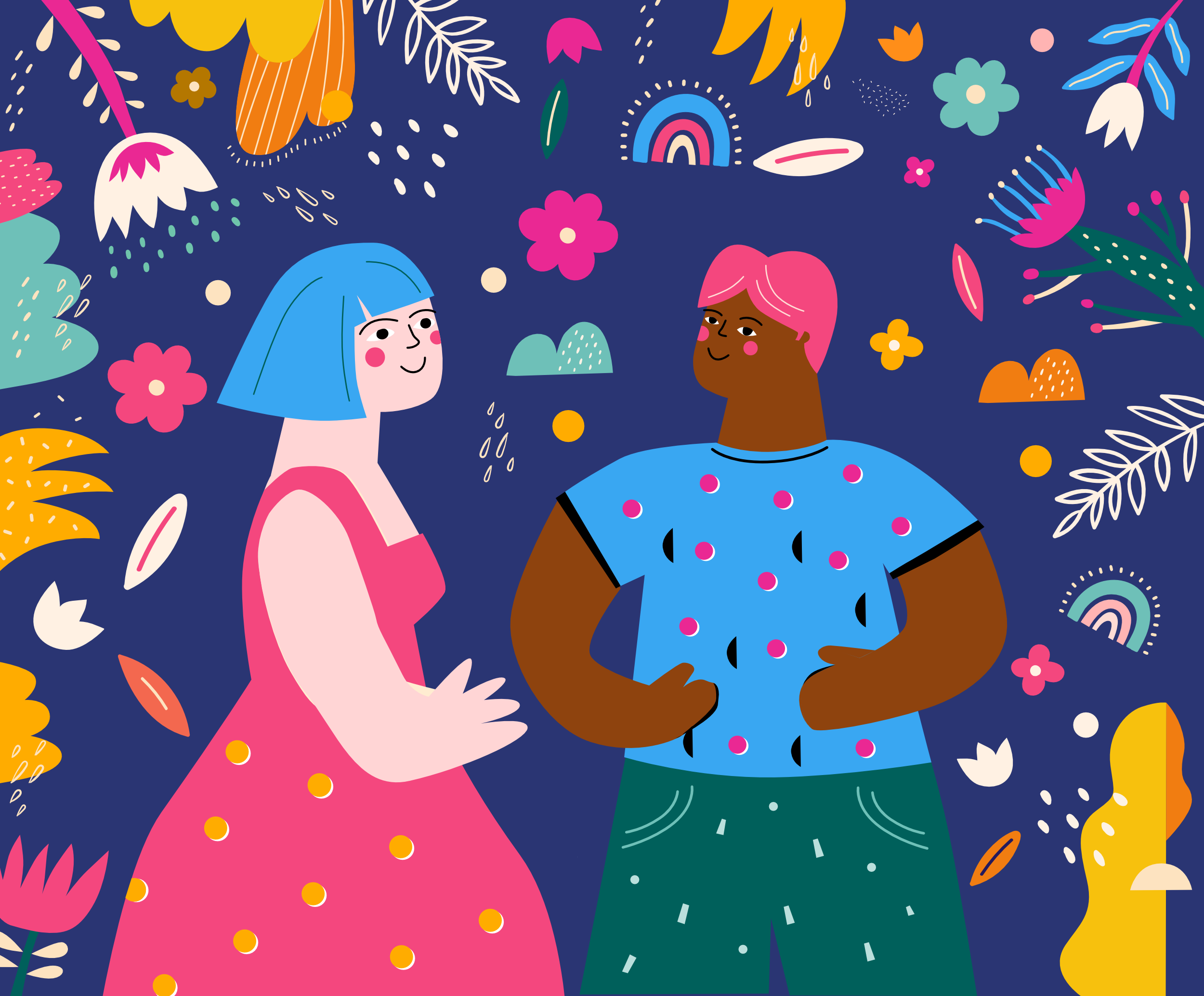 Two people with different skin tones interacting with each other with smiles on their faces and brightly colored clothing and hair