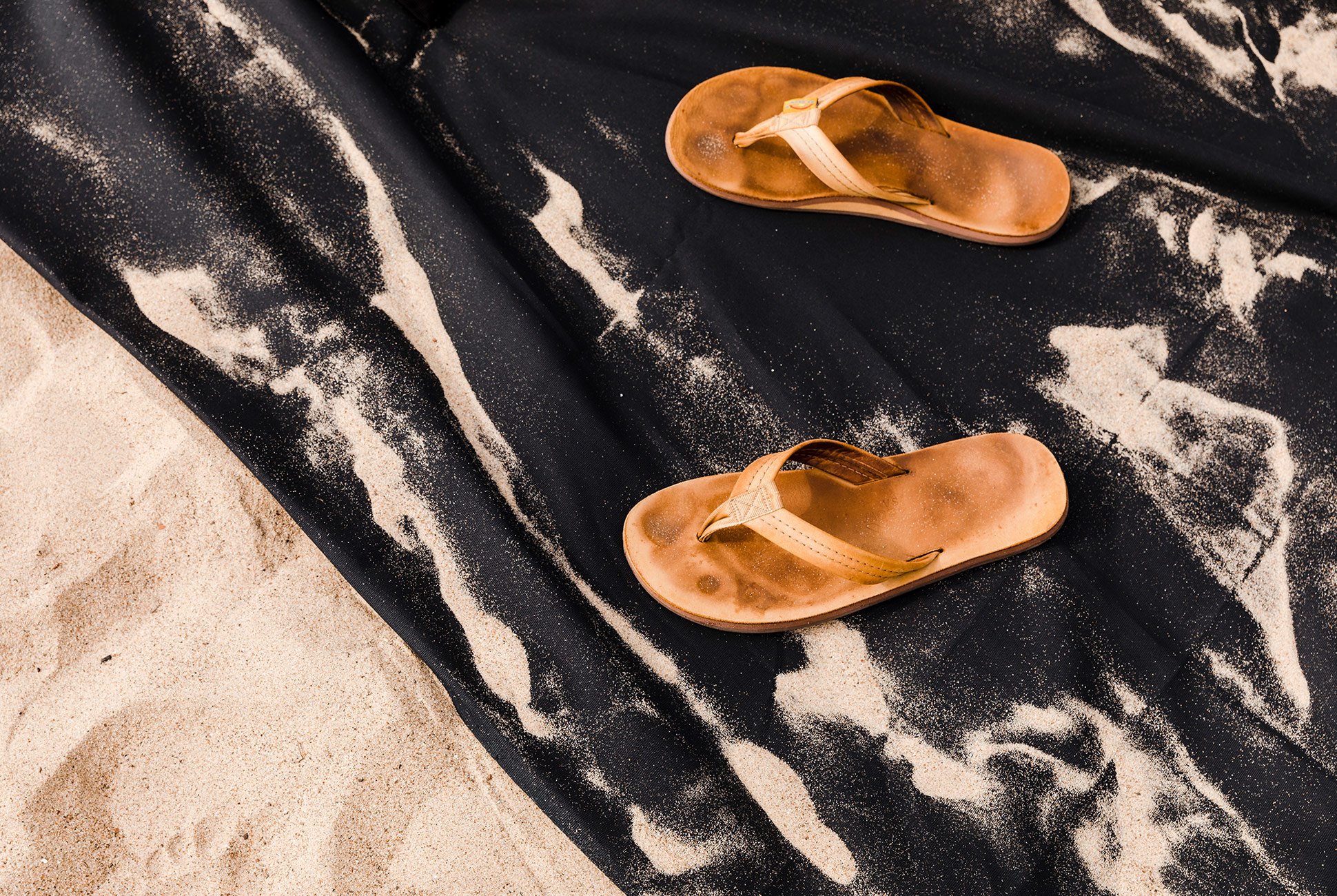 pair of leather sandals on top of a sandy towel