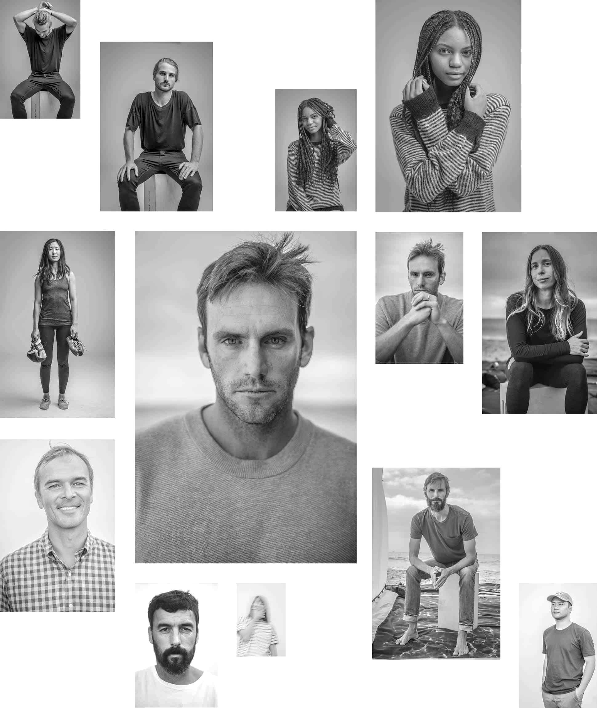 collage of many differently sized black and white portraits