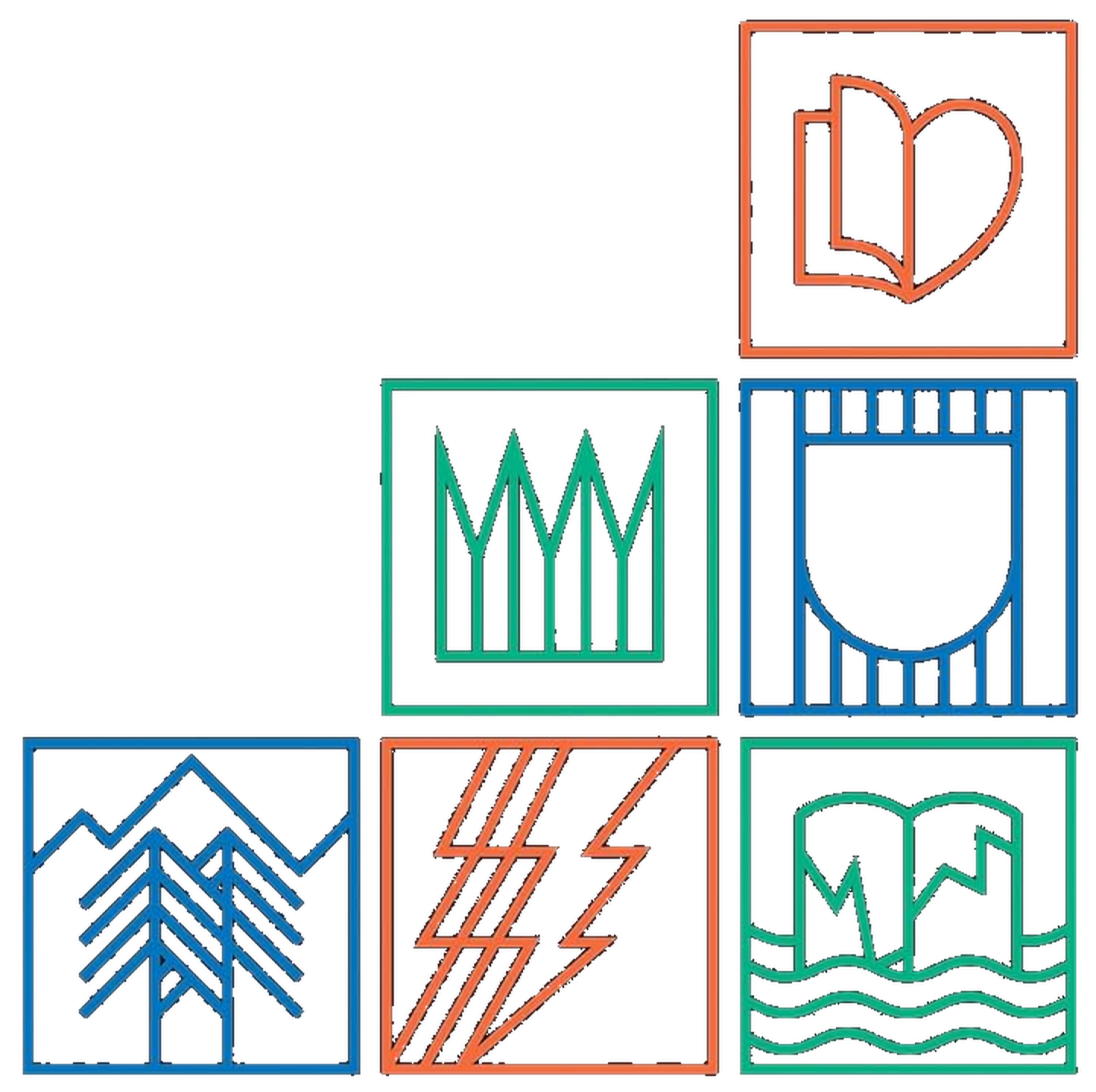 Neon icons of a heart and book, a crown, a shield, trees, lightning bolts, and waves, arranged in a grid.