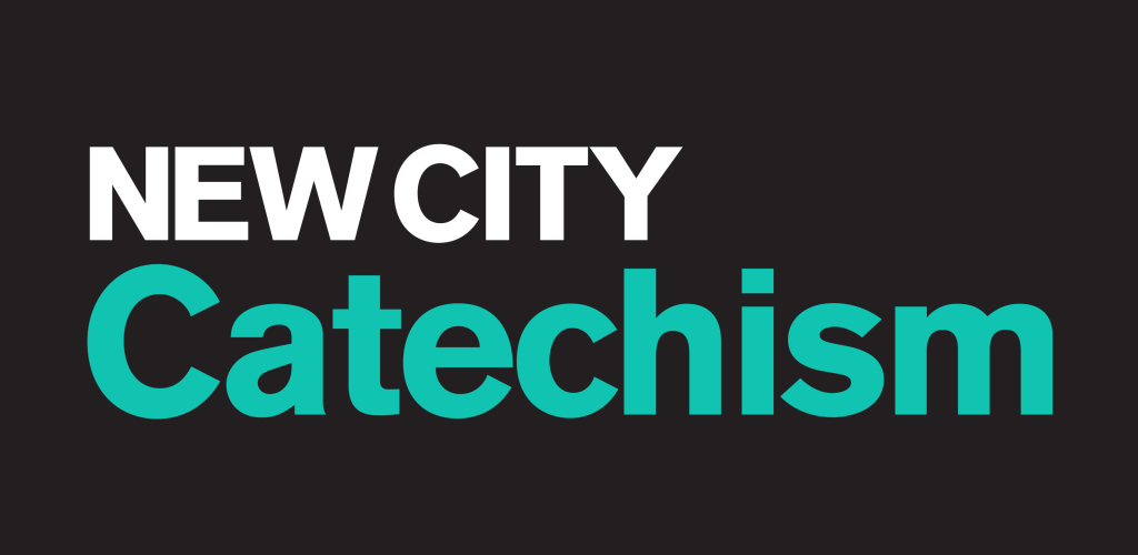 Text graphic with black background reading 'New City Catechism' in white and teal font.