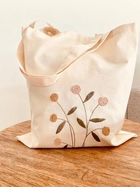 Sac Tote En Coton Brodé Main - Beige Crème - Fabriqué Au Pays De Galles - Éco-friendly