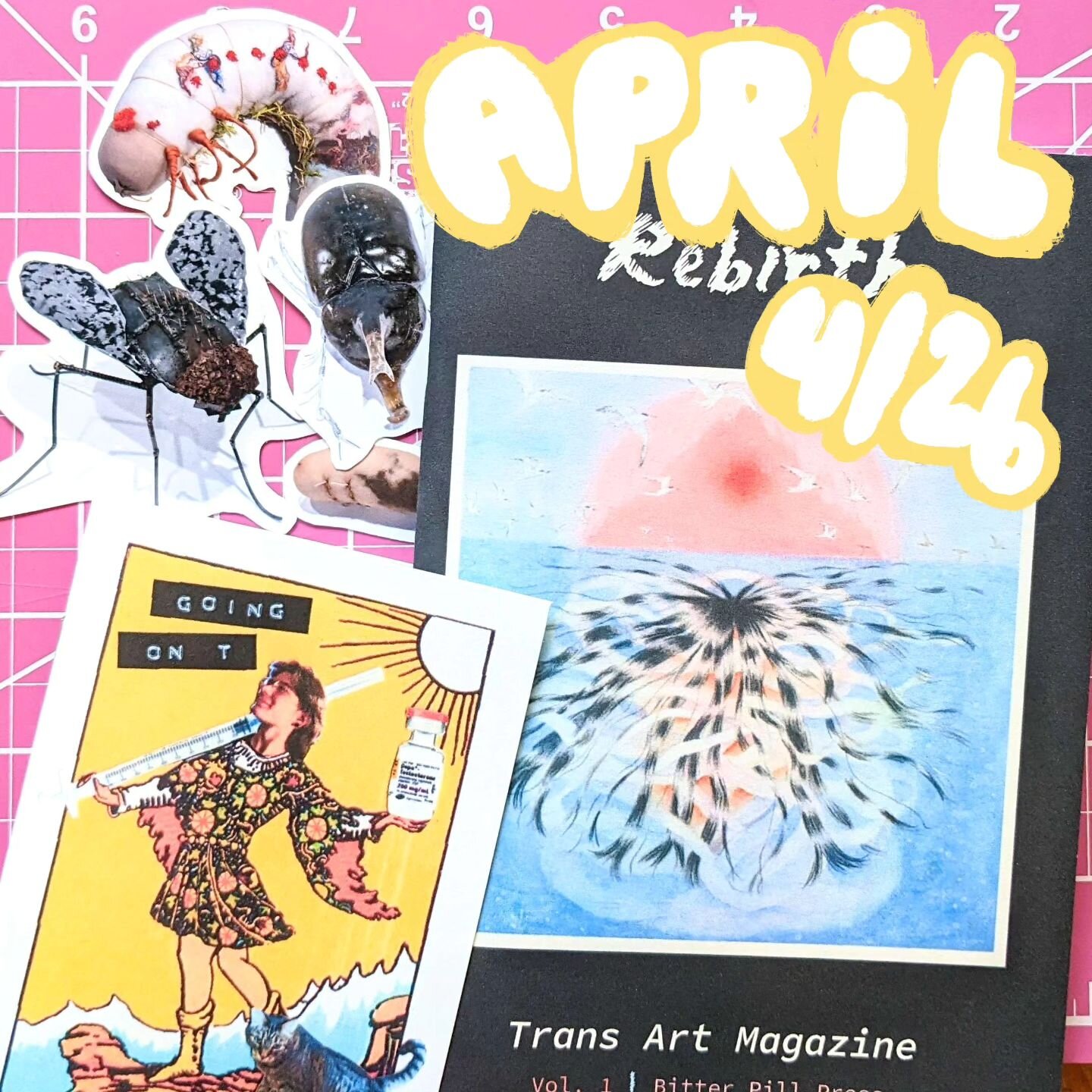 Almost time to send out April mail to supporters! 📬 

💌 &quot;Trans Art Magazine vol. 1: Rebirth,&quot; plus my latest personal zine about my experiences on T. It'll also include the sticker club stickers

🪰 This month's sticker club includes 4 st