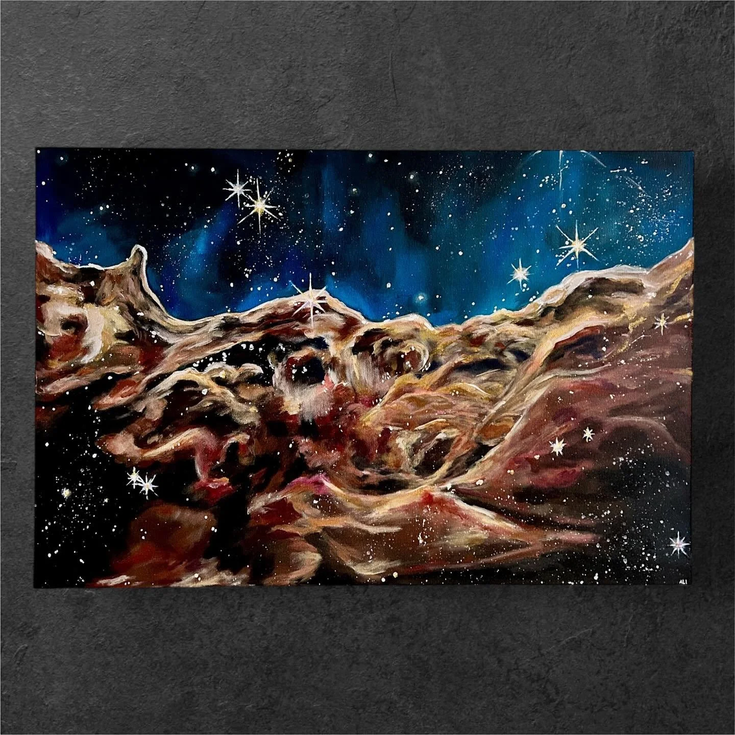 The Carina Nebula
Commissioned acrylic painting of an image from NASA James Webb telescope 
20x30in
Awe and reverence of our natural environment is what it&rsquo;s all about 🌙✨