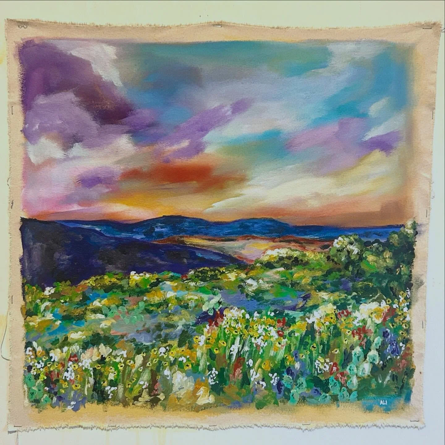 *SOLD* Edwards Plateau, Original acrylic painting on raw canvas with clear gesso base. Unstretched canvas is 23x23. This painting is #5 in the 26 Endangered Ecosystems series that is intended to exhibit in early 2027.

Context: The Edwards Plateau is