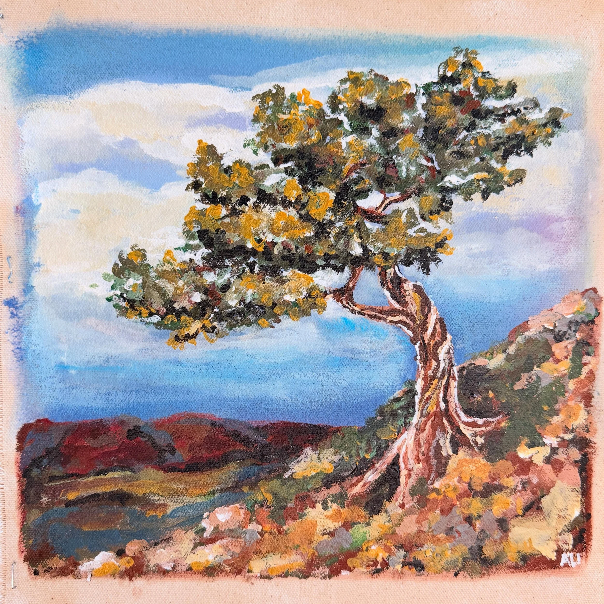 AVAILABLE - Junipers of the Southern Rockies - Original acrylic painting on raw canvas with clear gesso base. Unstretched canvas is 11x11. 

this painting is #10 in the 26 Endangered Ecosystem series that will exhibit in early 2027. Pre-order the pai