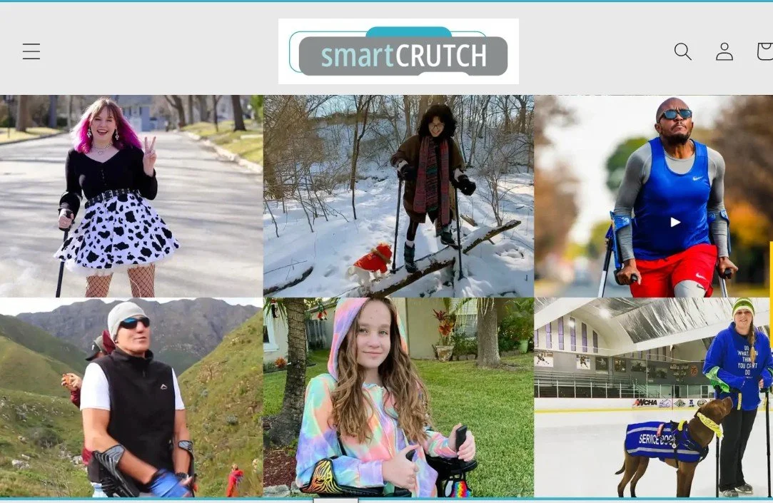 SmartCrutch:
Cute and colorful patented cuff adjusts from 15 to 90 degrees, and distributes your body weight over your forearm, releasing pressure and pain from your hands, wrists and shoulders
