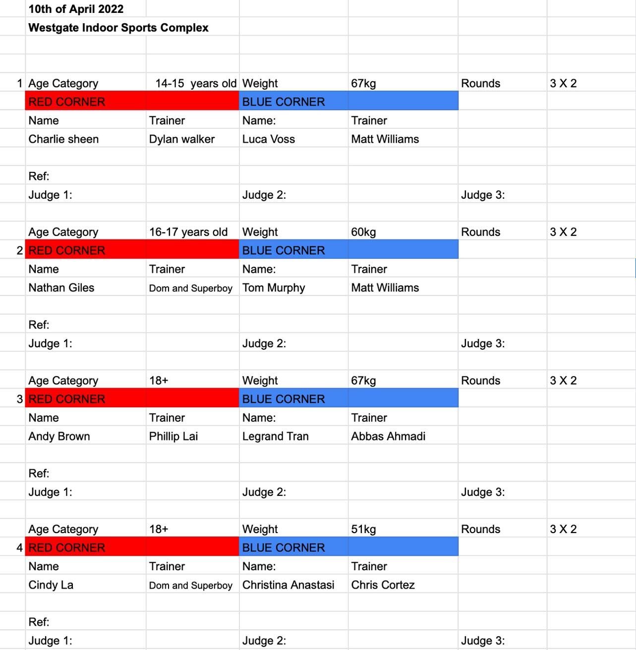 FIGHT CARD for this Sunday&rsquo;s bouts! 

Location: Westgate Indoor Sports Complex, Altona North.

Event Date: Sunday 10th April 2022.

Weigh In: 9.30am

First Fight: 12pm 
 
Doors Open: 11am for spectators 

Entry: $30 for adults, $15 for Under 15