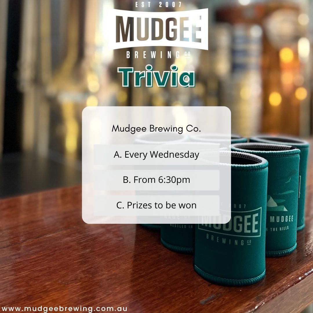 🧠🏆 Join us for Trivia Night starting at 6:30pm tonight! 🎉 Put your thinking caps on and compete for awesome prizes:

🥇 1st Place: $100 venue voucher to splurge on your favorites at Mudgee Brewing Co.!

🥈 2nd Place: Score a $50 venue voucher and 