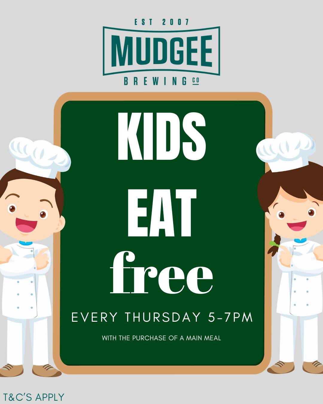 🌟 Exciting news for families! 🌟 Introducing our Kids Eat Free promotion at Mudgee Brewing Co! 🎉 Bring the little ones along every Thursday from 5pm-7pm and treat them to a delicious meal on the house! 🍔🥤 

Here's how it works: For every main mea