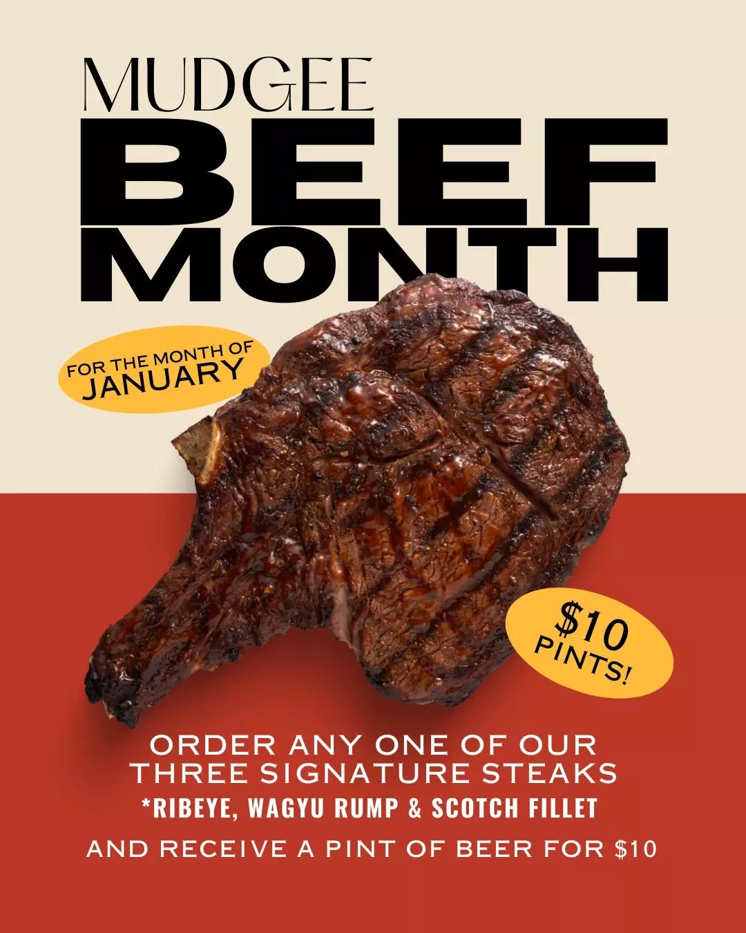 Good beef, deserves good beer. 🍻

Mudgee Beef Month is here! Order any one of our three signature steaks &amp; receive a pint of beer for $10. January just got better! 🔥