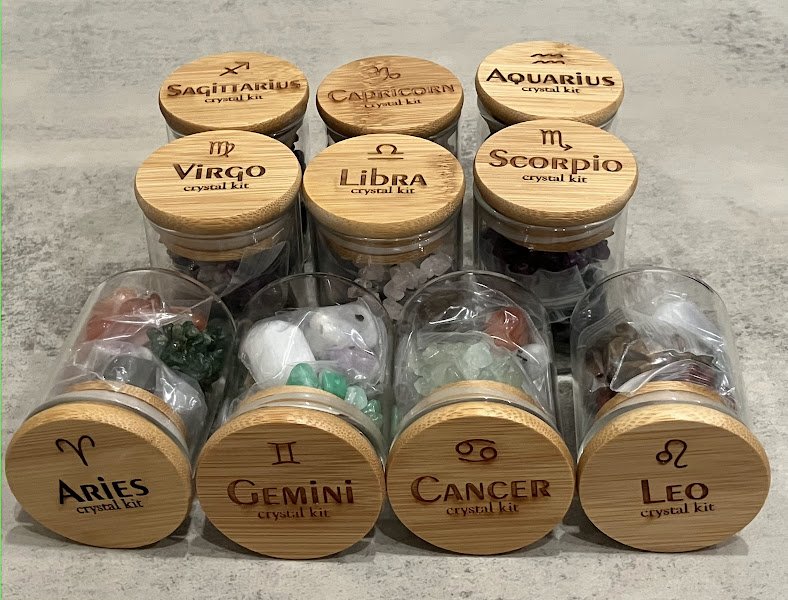 Zodiac Crystal Kits: Aries, Gemini, Cancer, Leo, Virgo, Libra, Scorpio, Sagittarius, Capricorn, & Aquarius- Temp out of Pisces & Taurus ($22)