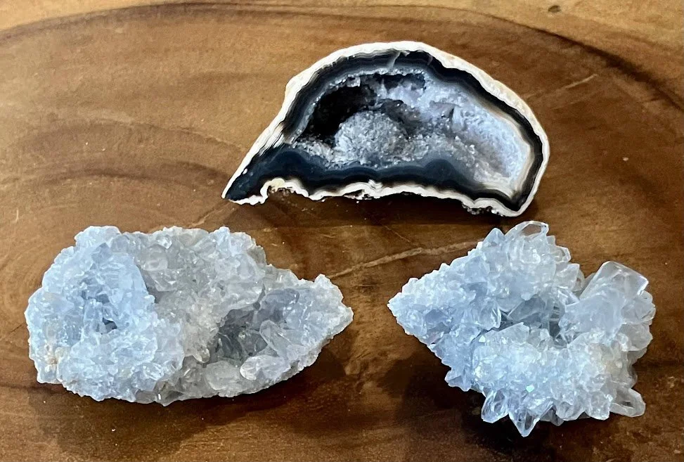 Agate Half Geode and Two Celestite pieces ($35, $25 & $30)