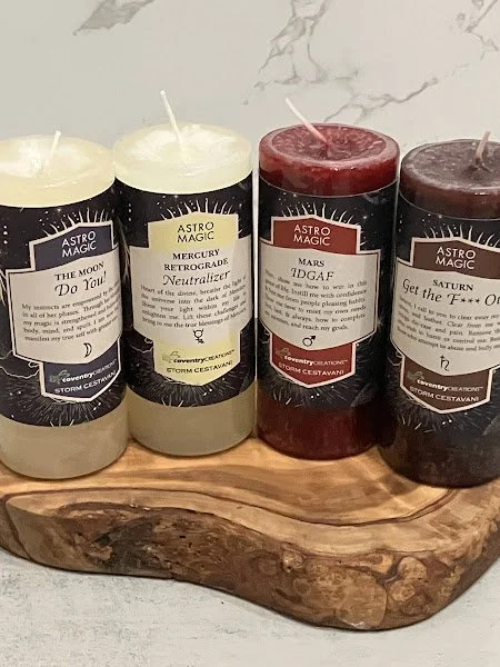 Coventry Creations Astro Magic line: The Moon- Do You!, Mercury- Retrograde Neutralizer, Mars- IDGAF, and Saturn Get the F*** Out ($17)