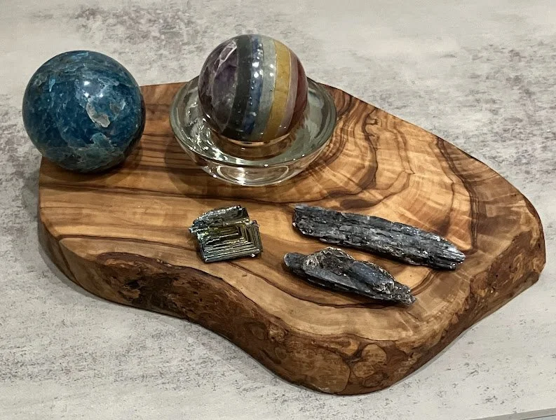 Medium Apatite & Small Chakra Spheres, Small Bismuth Piece, &  Two Kyanite w/ Black Mica Specimen ($40/ $25, $15, $23 & $28)