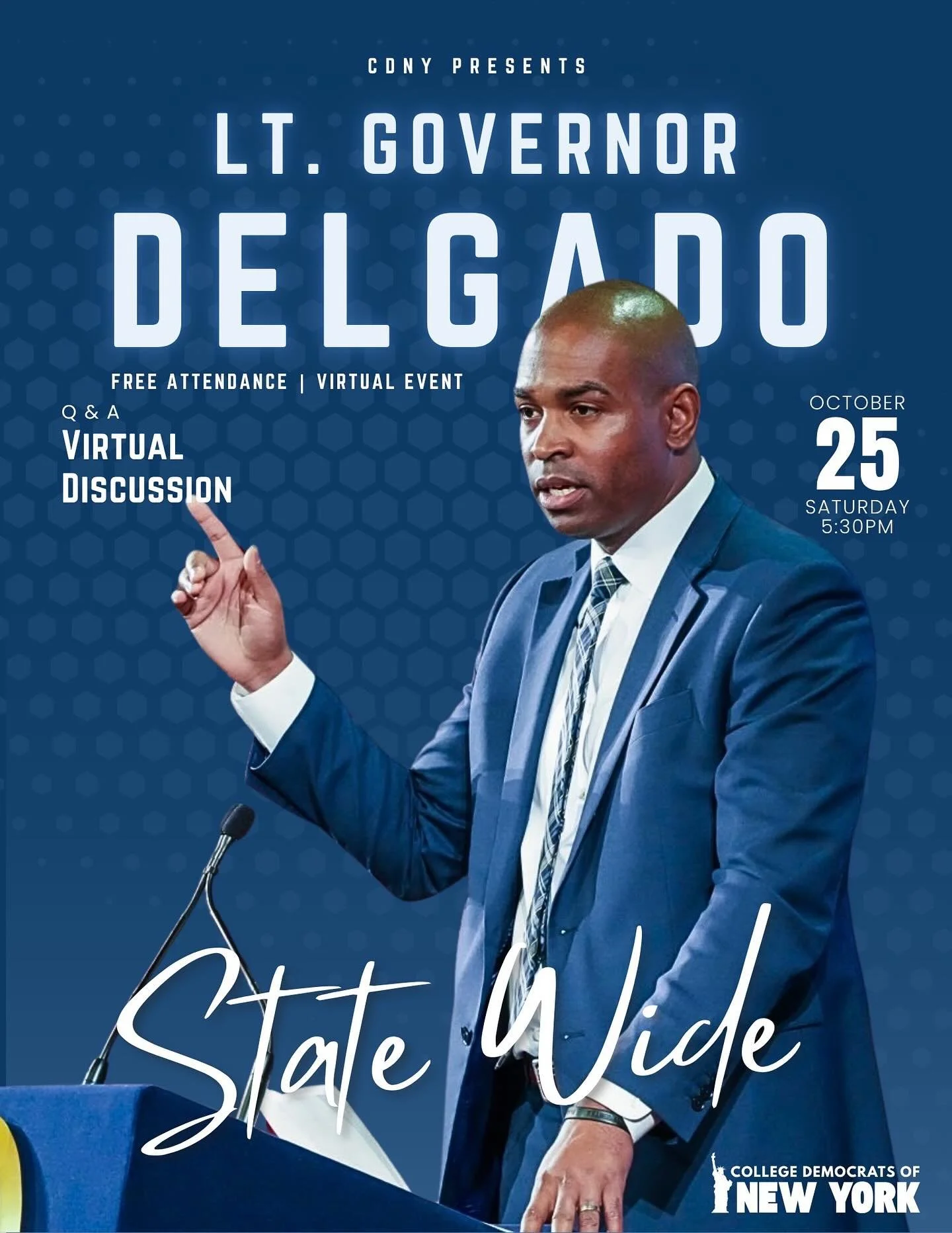 Join the College Democrats of New York for a statewide virtual discussion with Lt. Governor Antonio Delgado!
🗓Saturday, October 25 
🕕5:30pm on Zoom 
🗣️Open Q&A on the issues shaping New York’s future
This event is free and op
