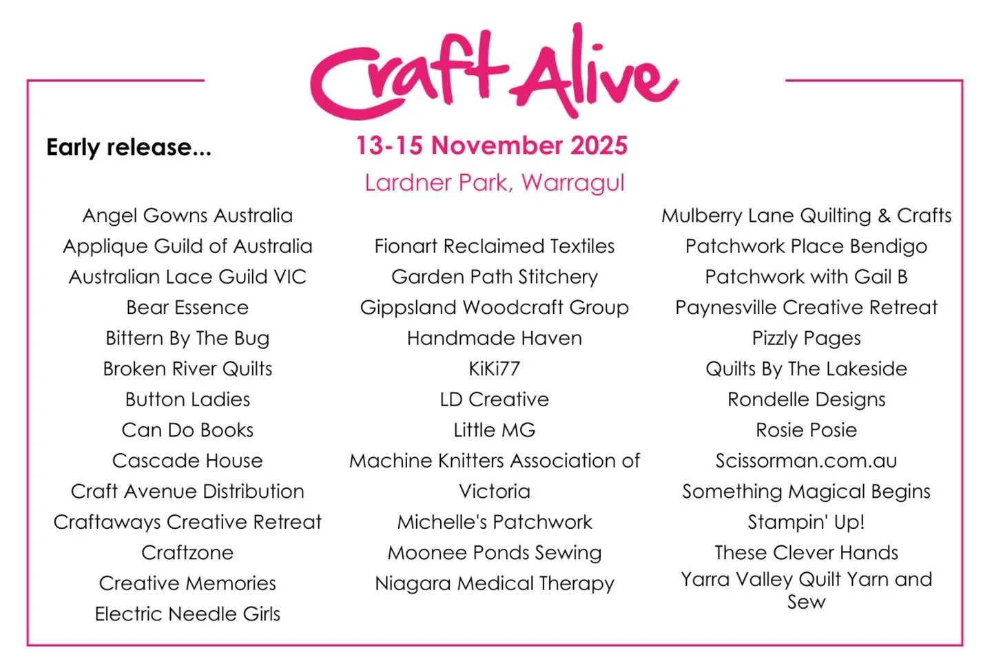 Check out this amazing line up at @craftalive in Gippsland next week. 
I&rsquo;m super excited to meet @rondelle from Rondelle Designs. 
#rosieposie #rosieposieau #baghardwaresupplier #supportsmallbusiness #fabricsupplier #craftalivegippsland
