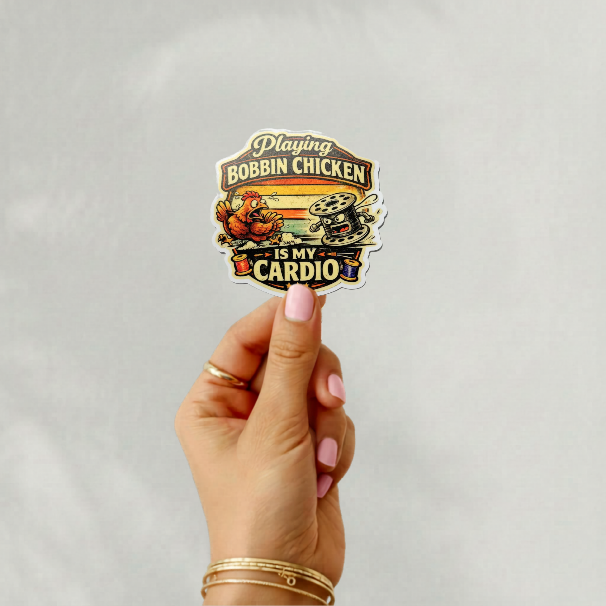 VINYL STICKER ~ PLAYING BOBBIN CHICKEN IS MY CARDIO
