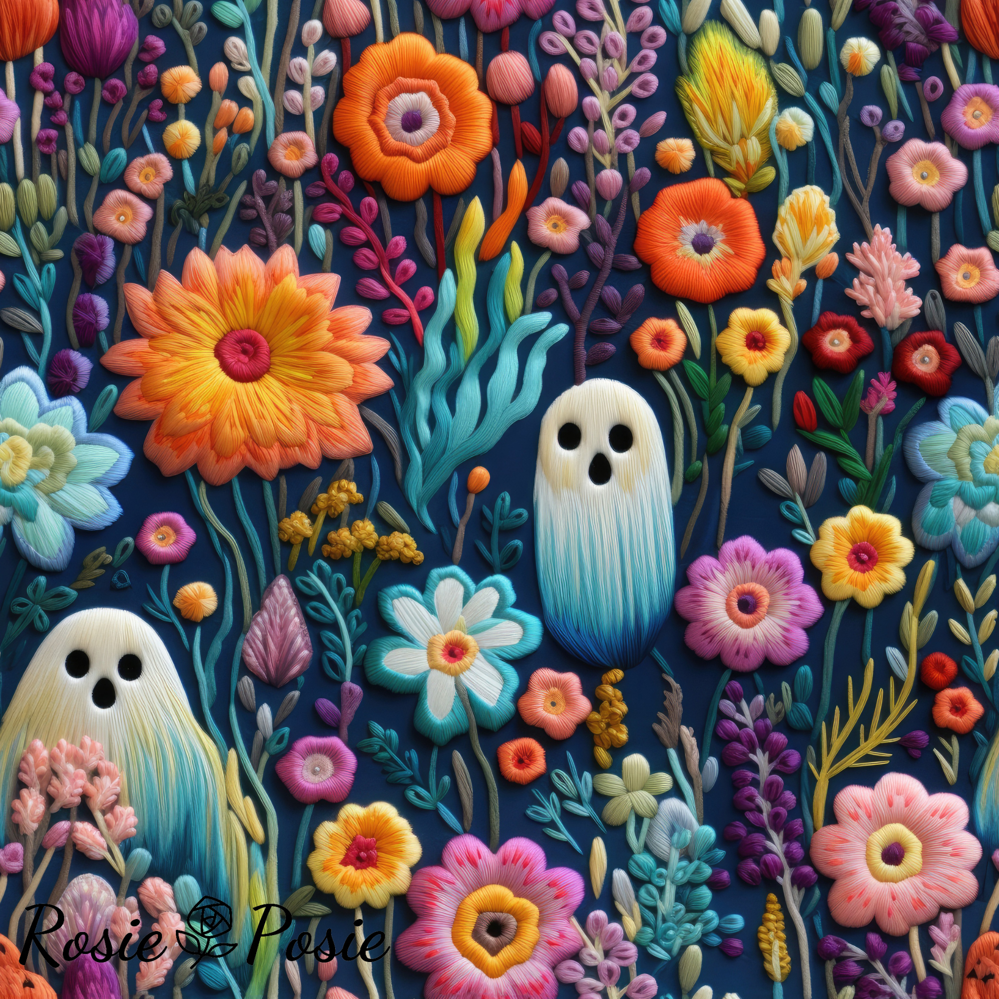 WATERPROOF COTTON CANVAS - EMBROIDERY GHOSTS & FLOWERS