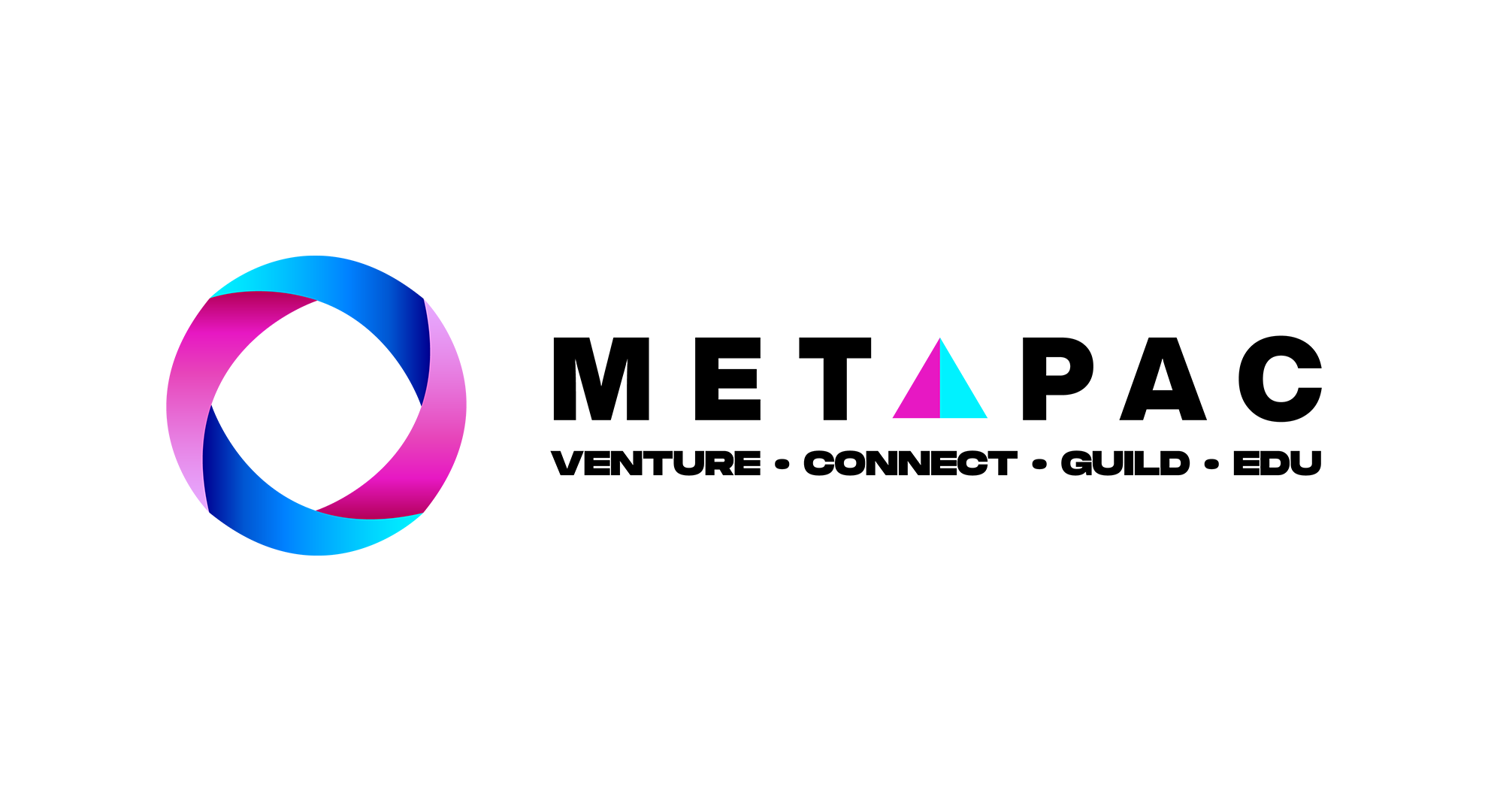 Logo with a colorful twisted ring and the word 'METAPAC' in black. Below are the words 'Venture • Connect • Guild • EDU.'