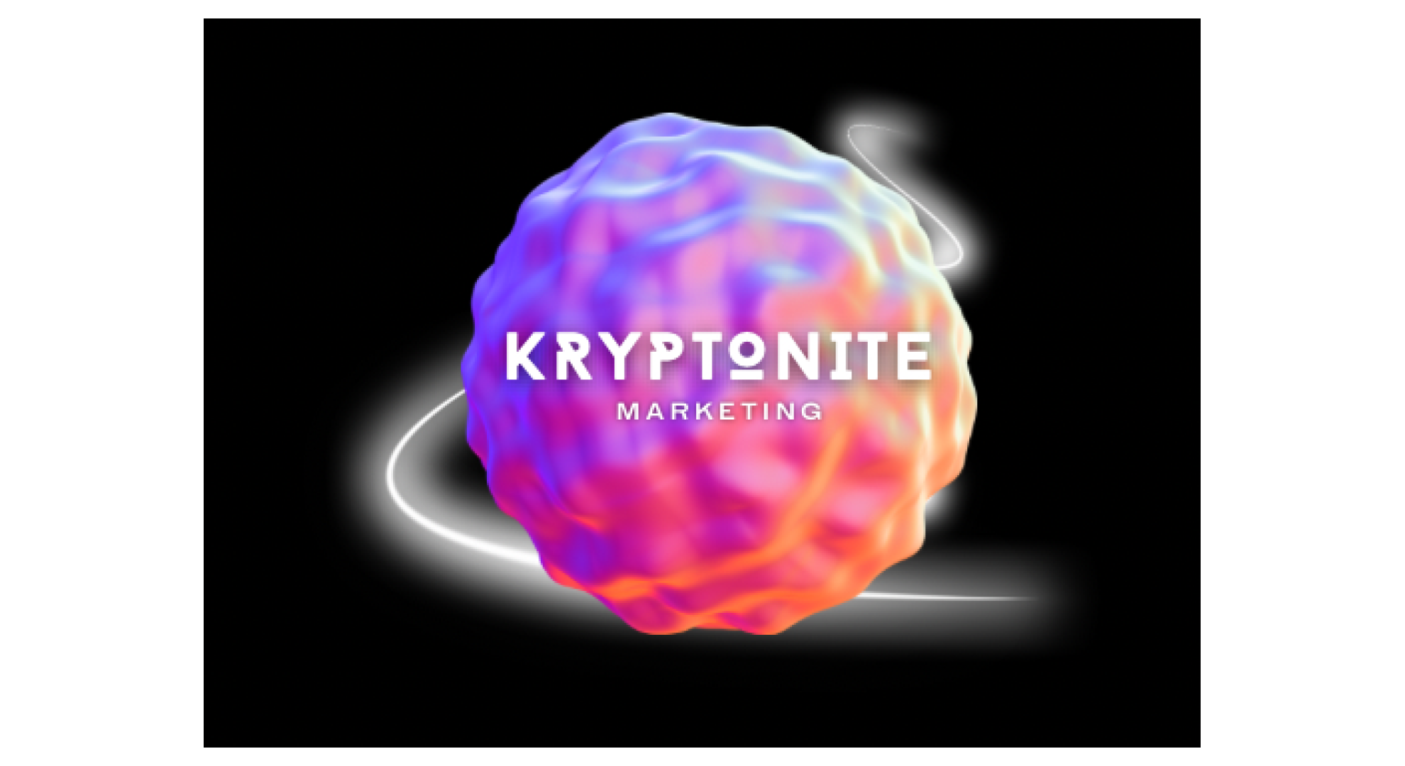Colorful abstract shape with "Kryptonite Marketing" text on black background.