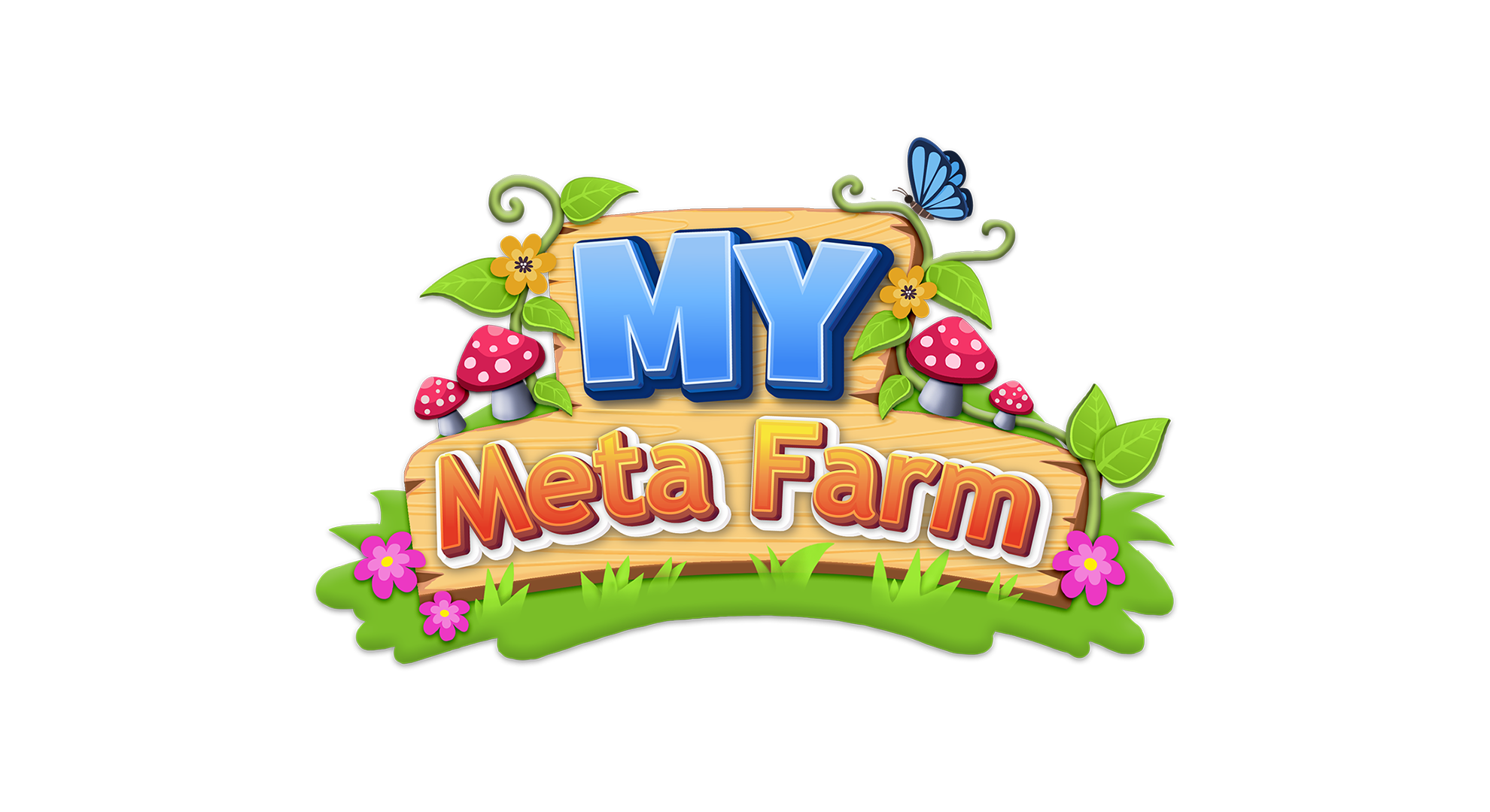 "My Meta Farm" logo with cartoon elements like mushrooms, flowers, leaves, and a butterfly.