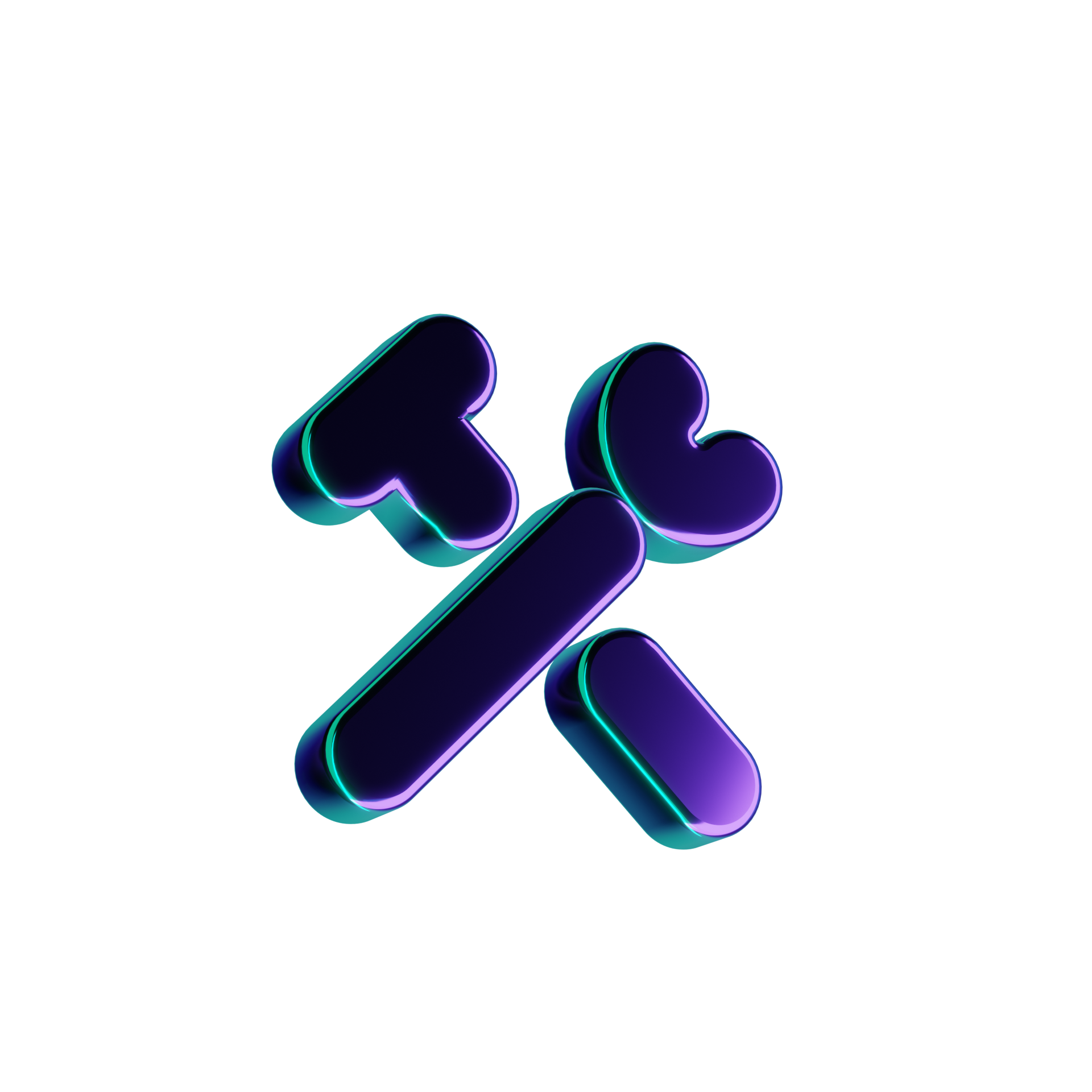 Abstract 3D geometric shapes in purple and teal on a black background.