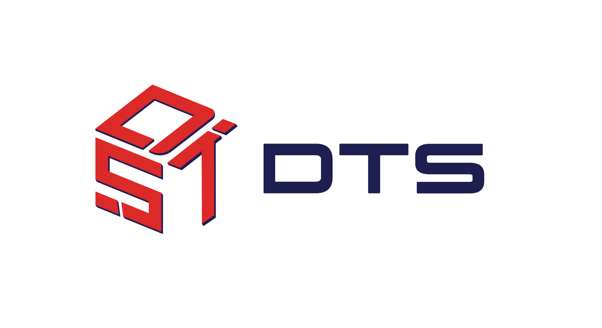 Red geometric logo next to blue letters "DTS" on a white background.