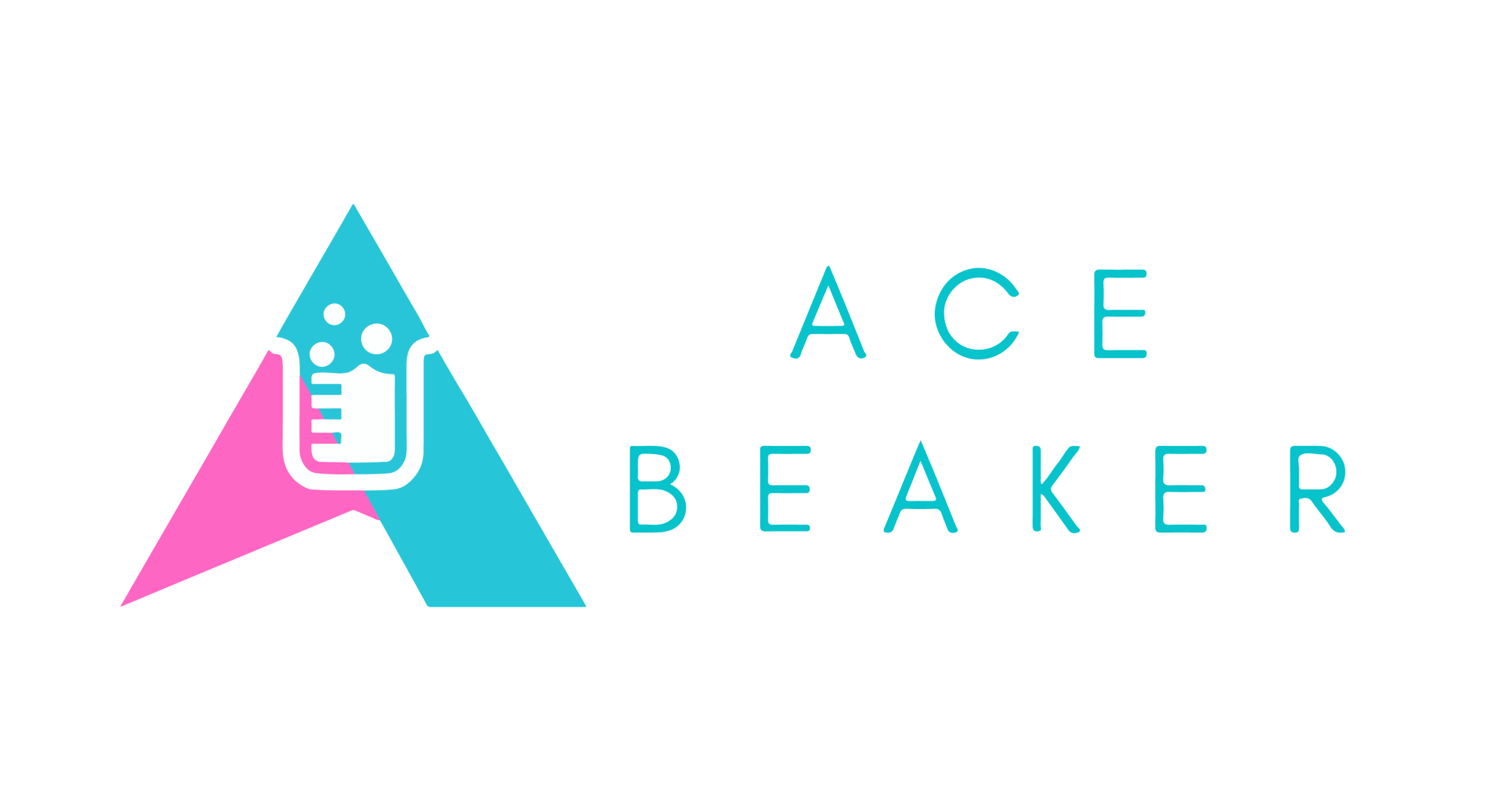 Logo featuring a stylized pink and blue triangle with a white beaker icon inside, next to the text 'ACE BEAKER' in turquoise letters.