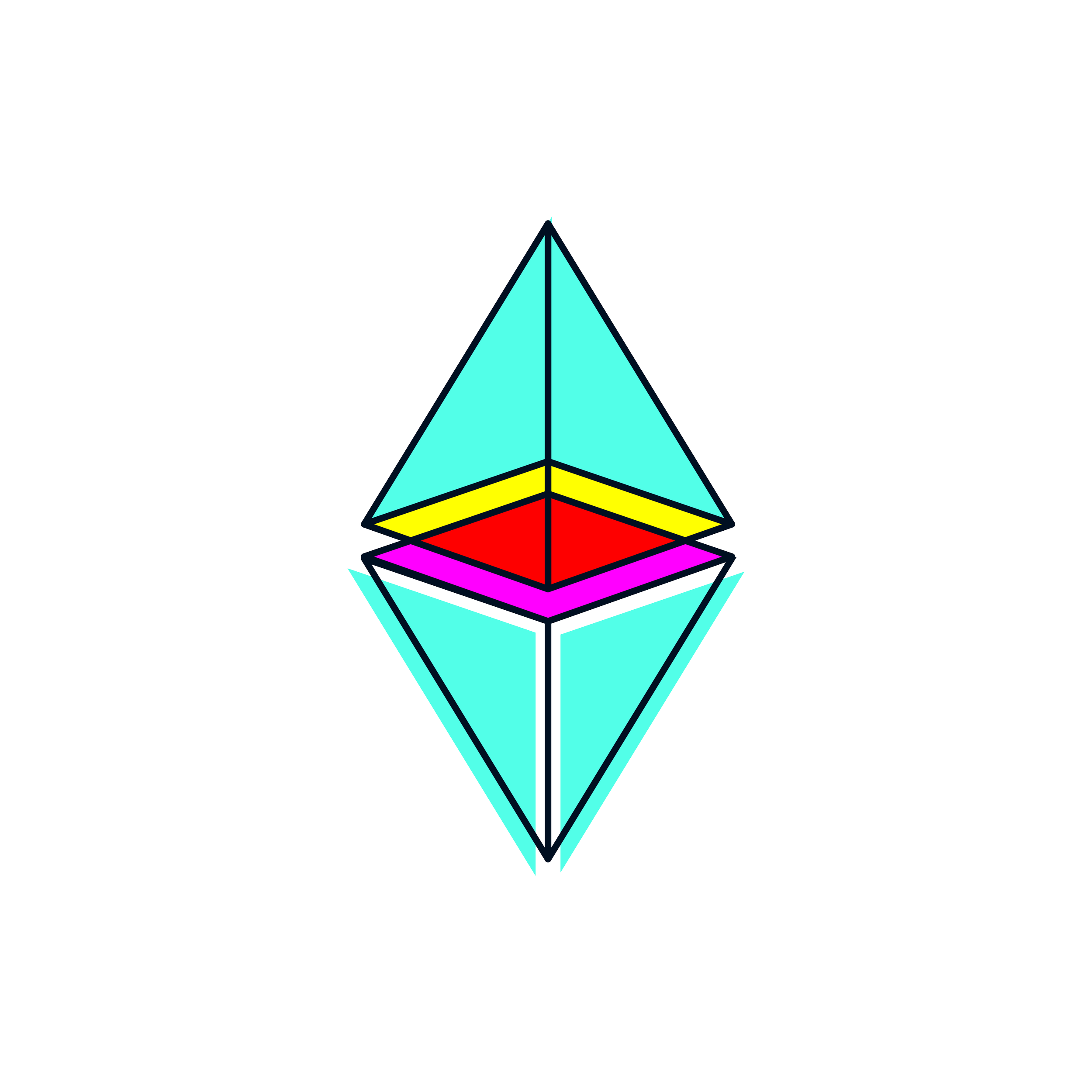 Abstract colorful geometric shape resembling the Ethereum logo, with blue, red, yellow, and pink sections.