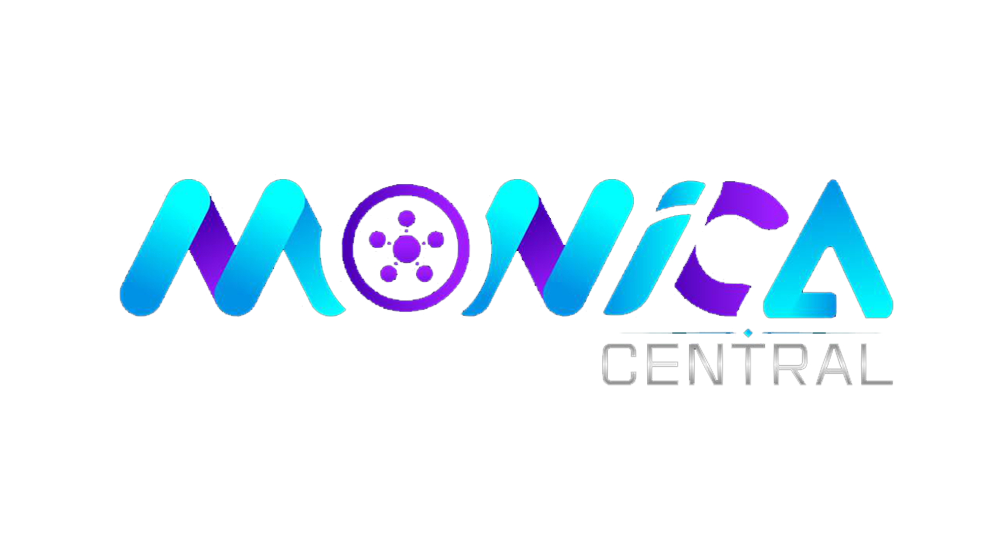 Logo with stylized text 'MONICA CENTRAL' using purple and blue gradient colors.