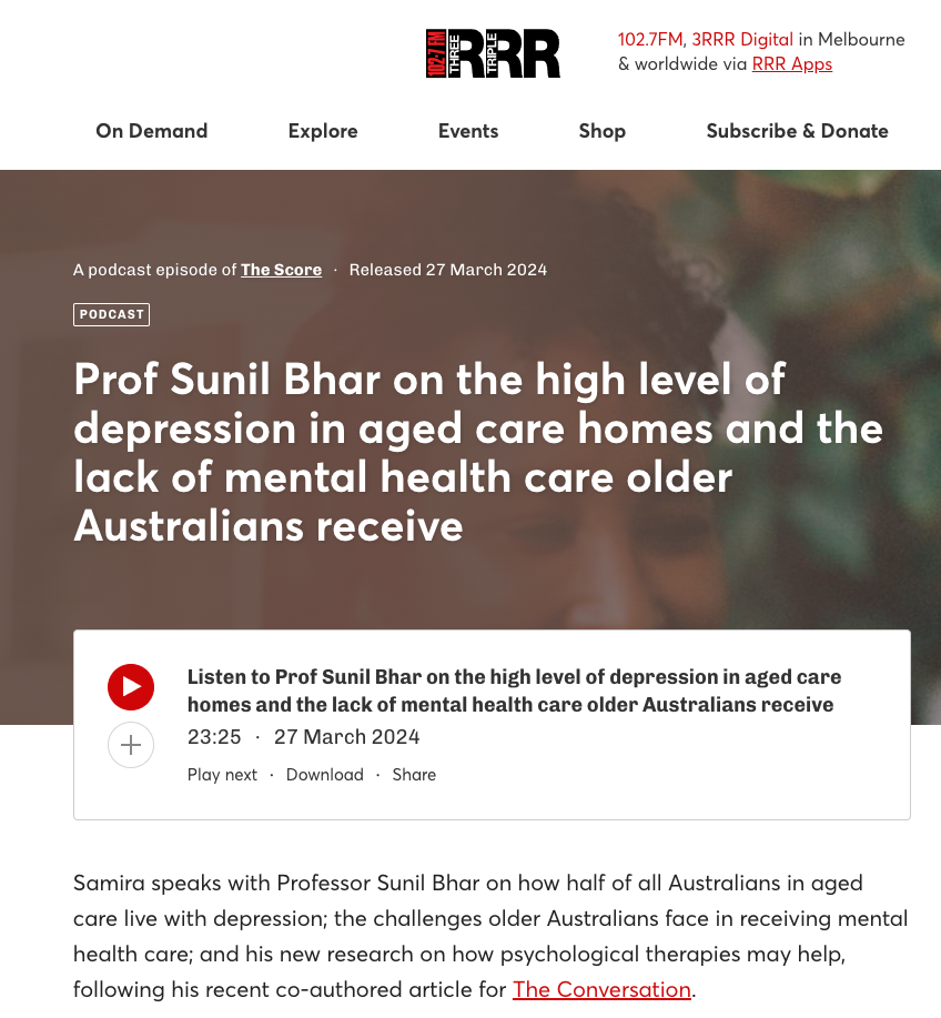 RRR Radio: Professor Sunil Bhar on the high level of depression in aged care homes and what research on psychotherapy tells us