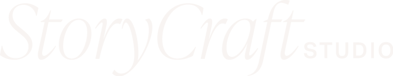 Close-up of a logo for StoryCraft Studio, with stylized text on a black background.