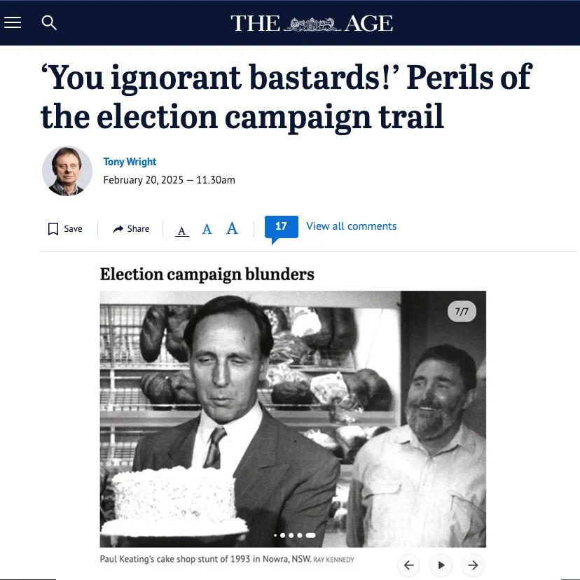 Screenshot of a Tony Wright article published in 'The Age' on 20 February 2025 with the headline 'Perils of the election campaign trail'
