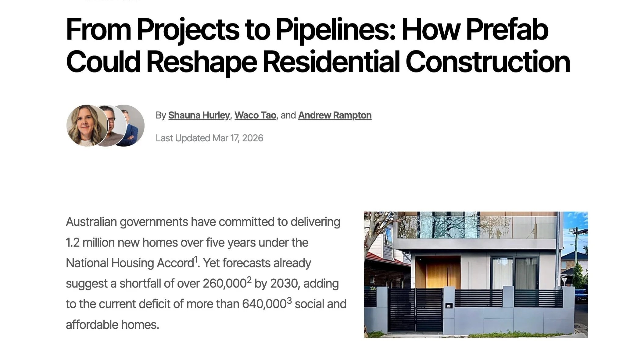 Article headline: From Projects to Pipelines: How Prefab Could Reshape Residential Construction