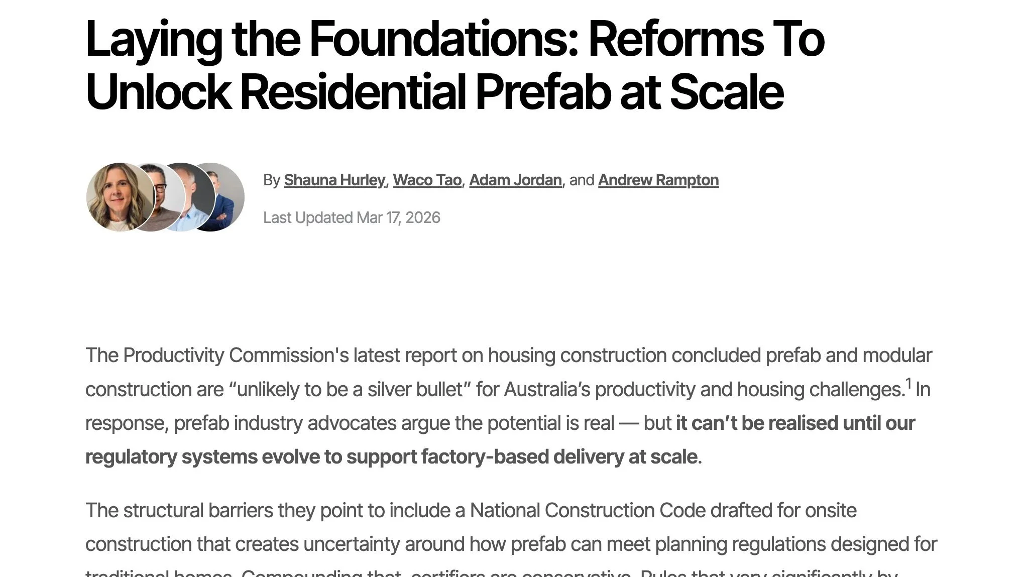 Article headline: Laying the Foundations: Reforms to Unlock Prefab at Scale